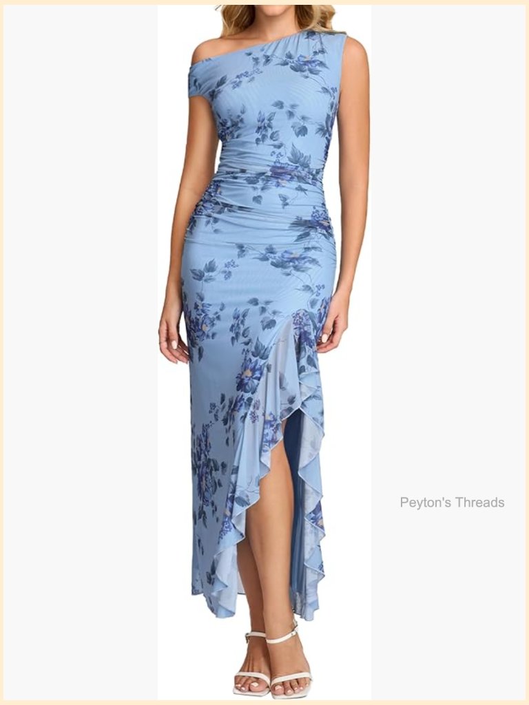 One Shoulder Floral Maxi Dress Elegant Bodycon Ruffled Slit Summer Formal Party